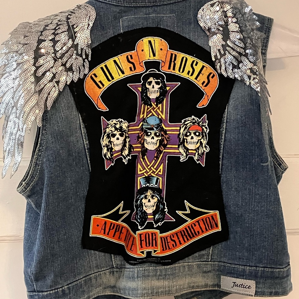 Guns’N’Roses Customized Justice Denim Vest with Silver Sequin Wings (removable)